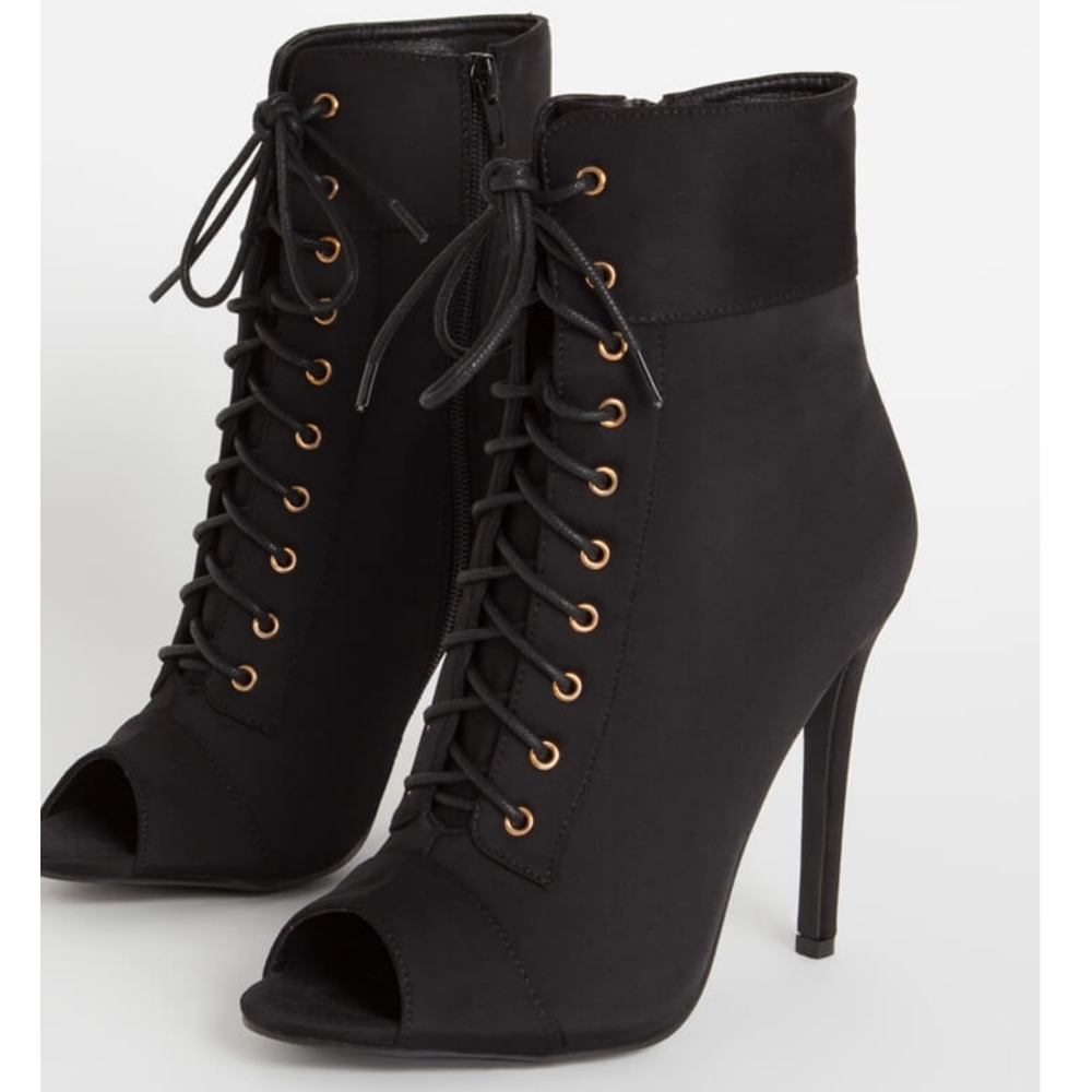Sarah Siah Black Lace-Up Peep Toe Stiletto Ankle Booties